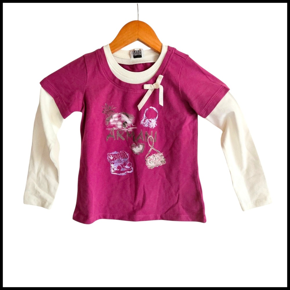 Armani Girls Layered Look T-Shirt Top w/‎ Bow Accent, Graphic Print Size 6 Years